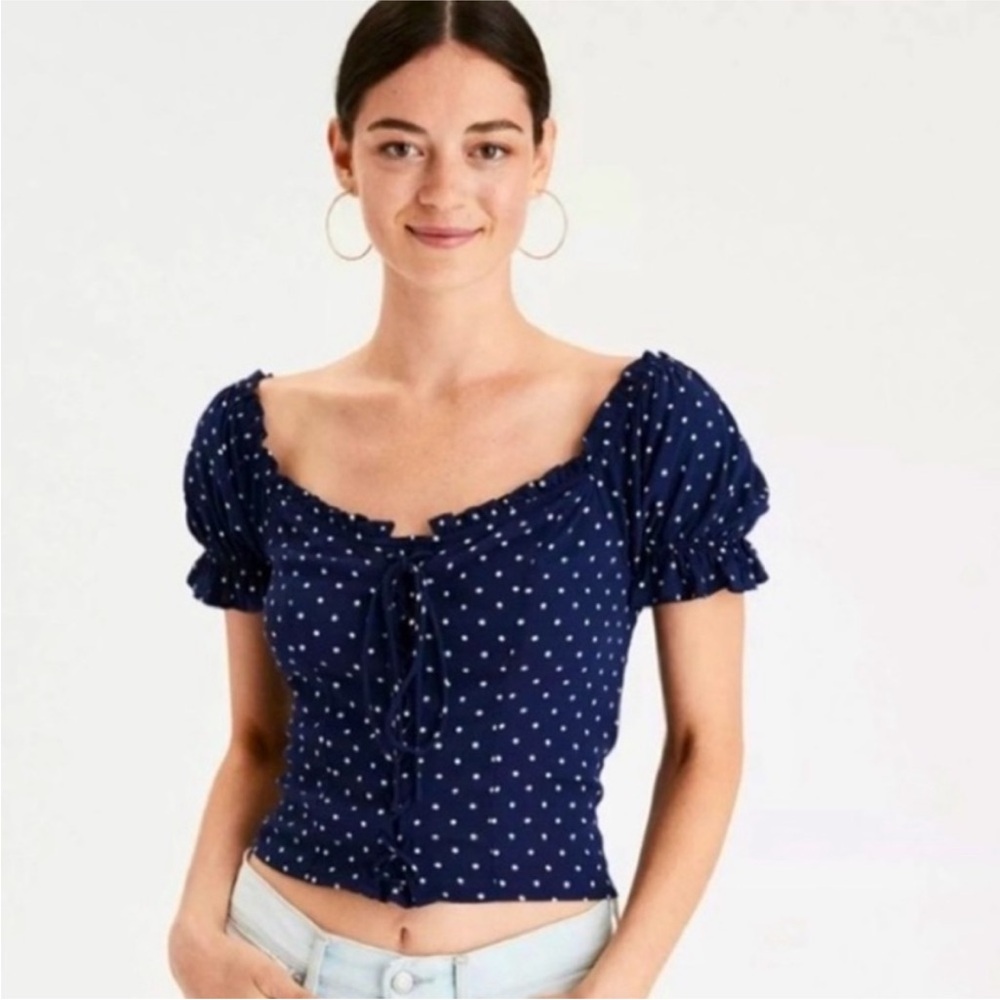 American Eagle Blue & White Polka Dot Puff Sleeve Baby Doll Shirt